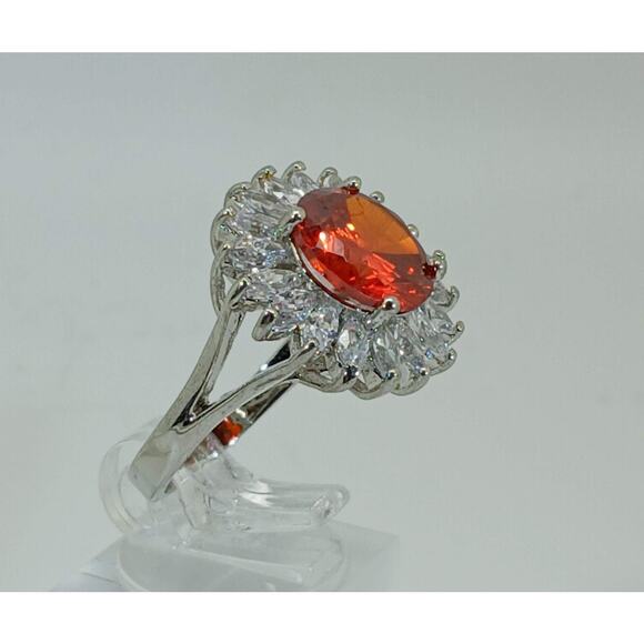 Vintage Ring Size 6.5 Silver Tone White Gold GP Orange CZ Cluster Cocktail NOS - Picture 6 of 9
